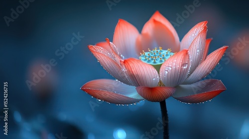 Close-up of lotus flower with dewdrops on soft petals against pure white background.