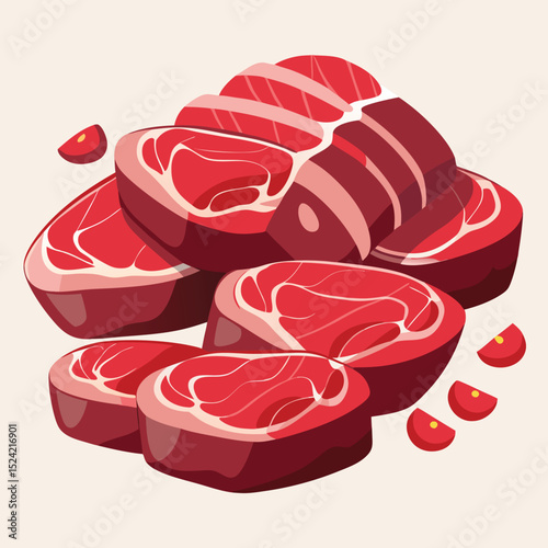 Raw meat slices, including delicious ham and salami, isolated on white