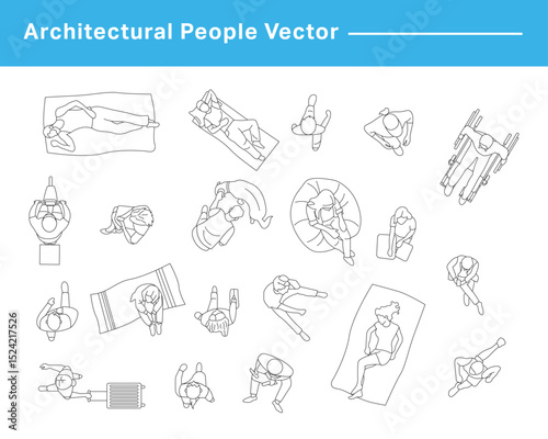 CAD Drawings. Set people outlines isolated on grey background. Sitting, walking, running. Top view. Vector illustration.	