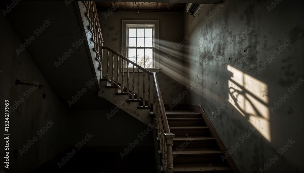Fototapeta premium Abandoned staircase with sunlight streaming through window in empty hall 