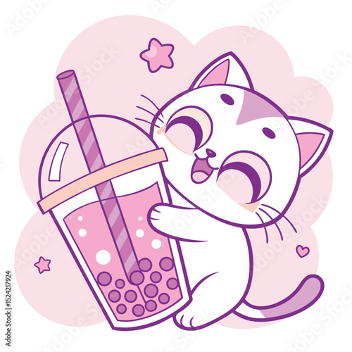 Here's a cute cartoon baby animal illustration: a funny pink pig enjoying a cup of tea, with a playful cat and mouse nearby