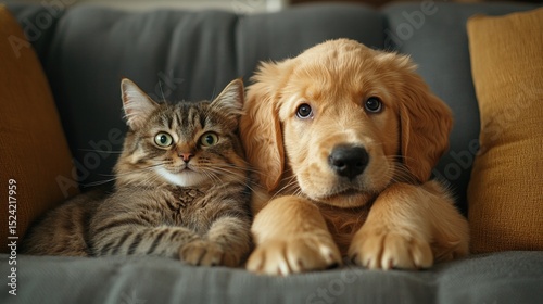 Wallpaper Mural Adorable brown puppy and tabby kitten lying together on a sofa in a cozy living room with cushions, showcasing friendship between a dog and a cat in a home setting Torontodigital.ca
