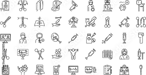 Medical surgery line icon set. Vector pictograms of scissors, suture, incision, laparoscopy, robotic, injection, monitor, patient, schedule, equipment, procedure, thin linear illustration