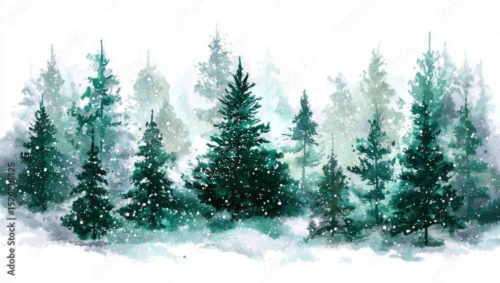 Fototapeta premium Enchanted Winter Forest Watercolor Painting of Snow-Covered Pine Trees