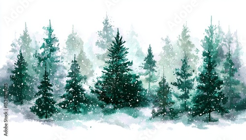 Enchanted Winter Forest Watercolor Painting of Snow-Covered Pine Trees