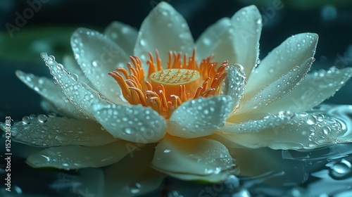 Close-up of lotus flower with dewdrops on soft petals against pure white background.