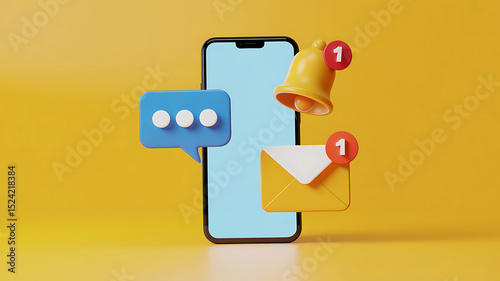 Modern smartphone interface with notifications for messaging, email, and alerts on yellow background