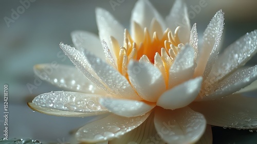 Close-up of lotus flower with dewdrops on soft petals against pure white background.