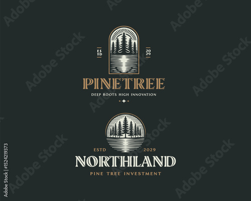 Vintage classic Pine Woodland, Evergreen, Spruce, Cedar tree logo template for business company