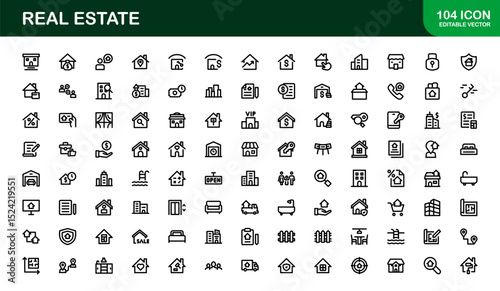 Modern Real Estate Icon Set in Vector Style Featuring Houses, Buildings, Property, and Landmarks