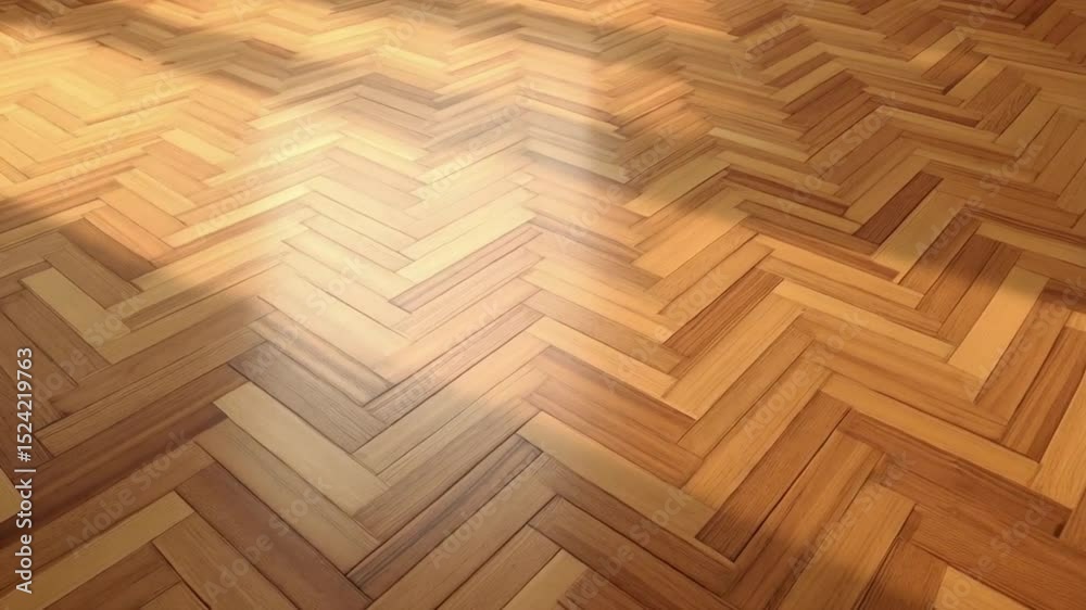 View of a herringbone pattern hardwood floor with sunlight casting shadows across the surface background texture video