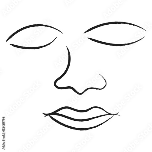 Abstract minimal face icon line art sketch with closed eyes lips and nose in calm meditative expression vector illustration element design.