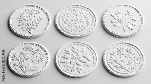 A pile of decorative silver coins featuring intricate floral engravings arranged in a visually appealing manner.
