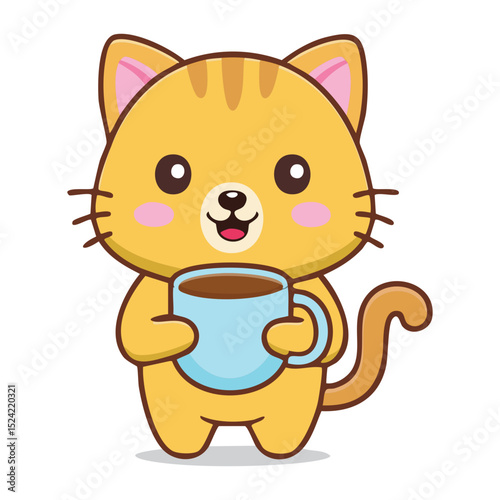 A cute cartoon cat is holding a cup of coffee
