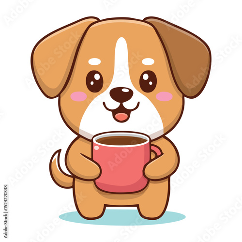 A cute cartoon puppy enjoying a cup of coffee, offering a heartwarming scene. The puppy, with its big eyes and cheerful expression, adds a touch of charm