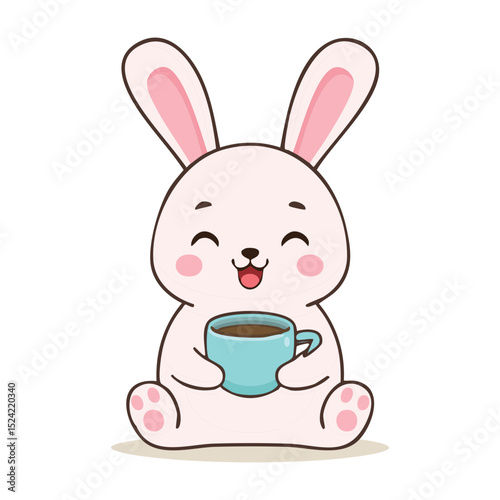 An adorable cartoon rabbit holding a cup of coffee, smiling contentedly. Its pink ears and cheeks add to its charm. The rabbit is enjoying a hot drink