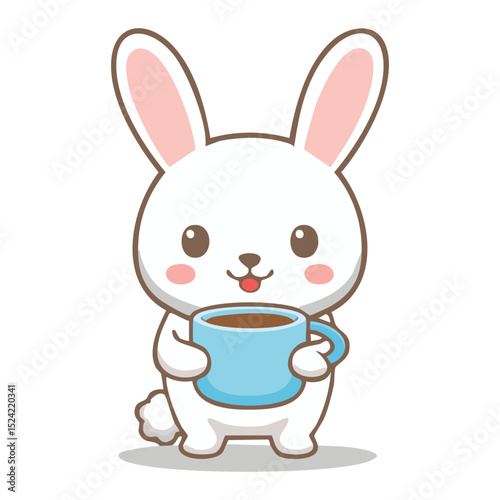 A cute cartoon rabbit is enjoying a cup of coffee, radiating a sense of calmness and joy. The bunny has a cheerful expression and looks content