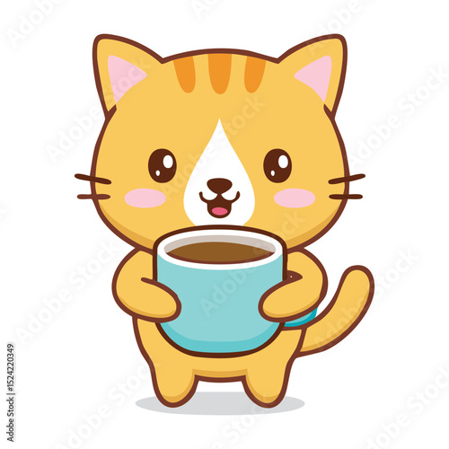 A cute cartoon cat holding a cup of coffee