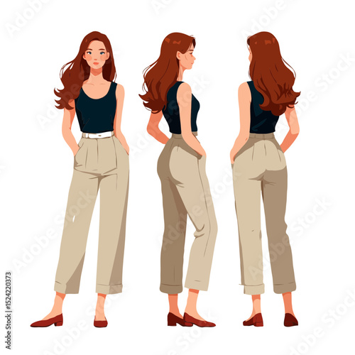 Stylish woman in casual outfit three quarter view illustration