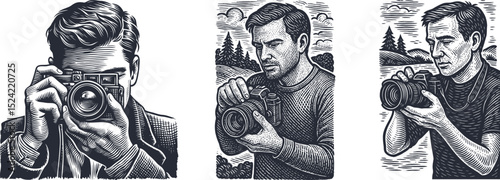  Woodcut Style Illustration of Male Photographer Adjusting Camera Lens Outdoors with Brush-Shaped Postal Stamp Design  Retro Engraving Artwork Set
