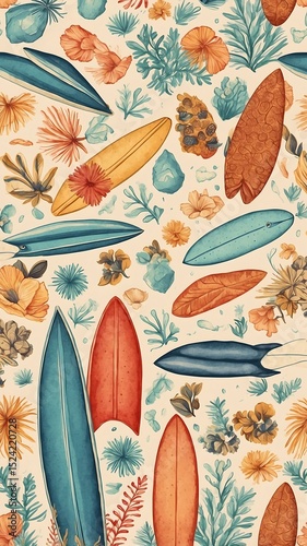 Vintage Surfboards and Tropical Flowers Watercolor Illustration