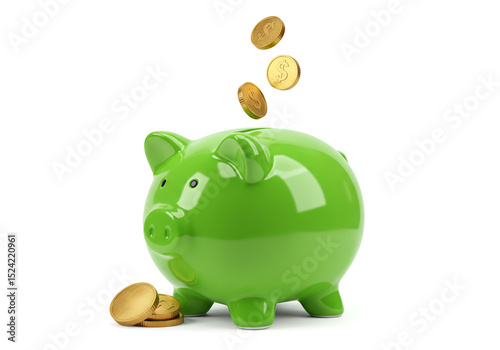 A bright green piggy bank with gold coins falling into it and some coins on the side, symbolizing savings and investment