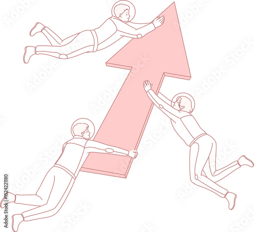 An illustration showcasing the concept of teamwork, featuring astronauts collectively propelling an upward arrow