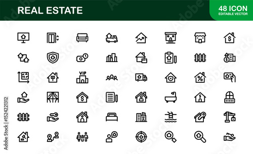 Modern Real Estate Icon Set in Vector Style Featuring Houses, Buildings, Property, and Landmarks