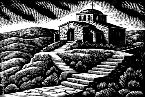 Black and white sketch vector of a hilltop monastery with stone steps and panoramic views