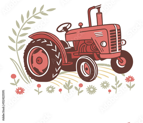 Vintage red tractor illustration for farming agriculture and rural landscape design graphic vector art
