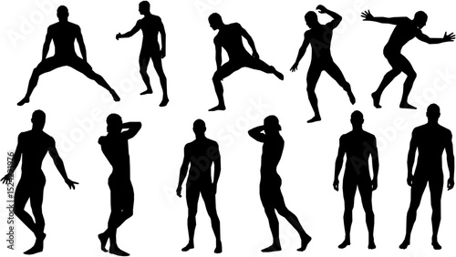 Group sexy male models in different poses standing in a row black silhouettes set collection.
