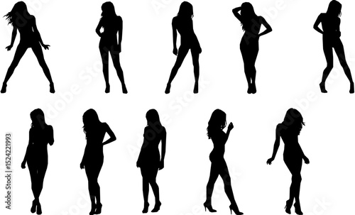 Group sexy female models in different poses standing in a row black silhouettes set collection.
