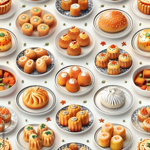 Exquisite Asian Cuisine. Dumplings, Buns, and Savory Delights Tempt Taste Buds. Seamless Pattern