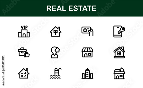 Modern Real Estate Icon Set in Vector Style Featuring Houses, Buildings, Property, and Landmarks