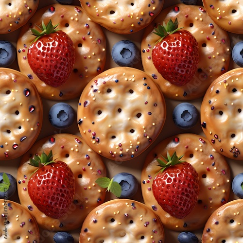 Sweet Biscuits, Strawberry and Blueberry Dessert Delight, Seamless Pattern Sweet Feast