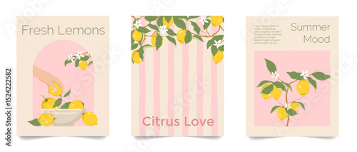 Lemon Summer Posters Set with Hand-Drawn Citrus Branches and Flowers