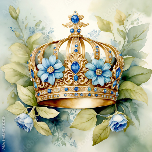 A majestic golden crown adorned with blue and pink flowers and jewels, blending royal elegance with soft floral beauty.