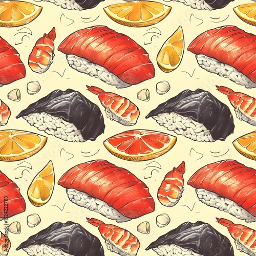 Sushi and Citrus Fruits Seamless Pattern, Delightful Japanese Cuisine and Fresh Fruits Combo, Delicious Food