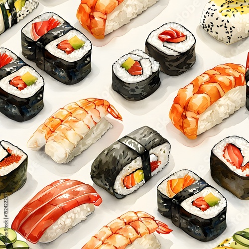 Tasty Sushi Rolls Variety Seamless Delight Pattern. Salmon, Shrimp and Maki Fusion, Cuisine Indulgence