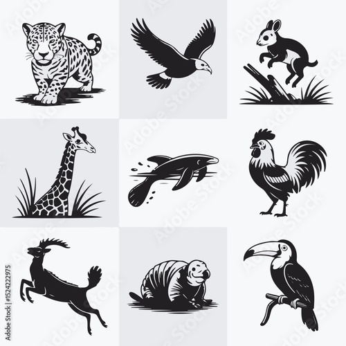 Collection of monochrome wildlife illustrations featuring a jaguar eagle rabbit giraffe dolphin rooster seal and toucan