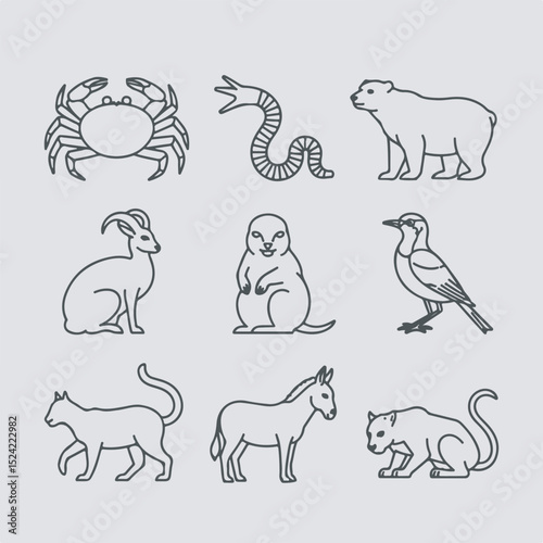 Collection of stylized line art animal illustrations including a crab snake bear goat prairie dog bird cat donkey and cougar