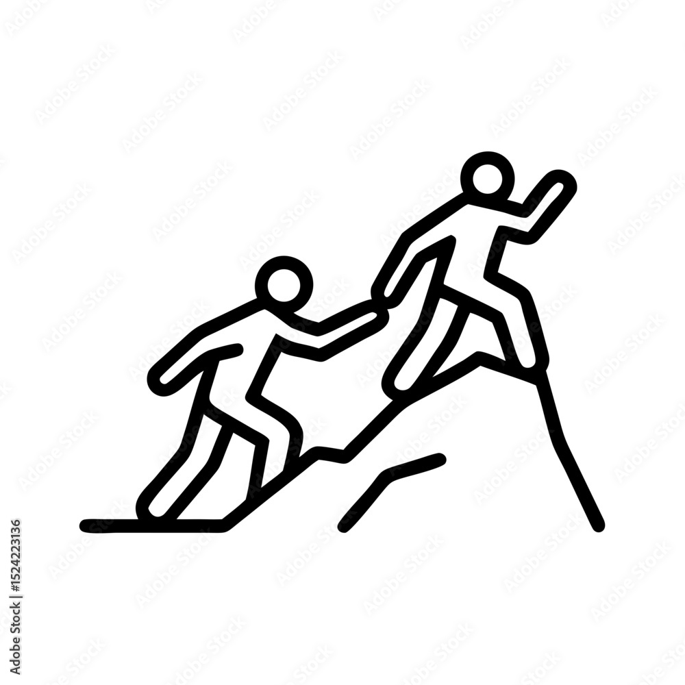Obraz premium Two hikers helping each other climb a mountain in a linear vector design 