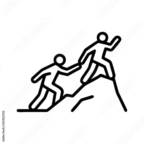 Two hikers helping each other climb a mountain in a linear vector design  