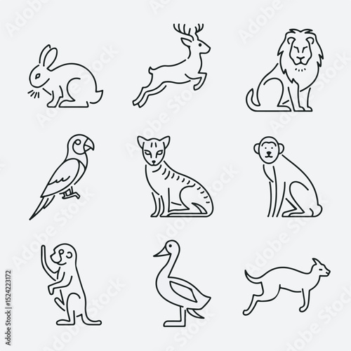 Simple line art illustrations of various animals including a deer lion parrot cat monkey duck and dog on a gray background