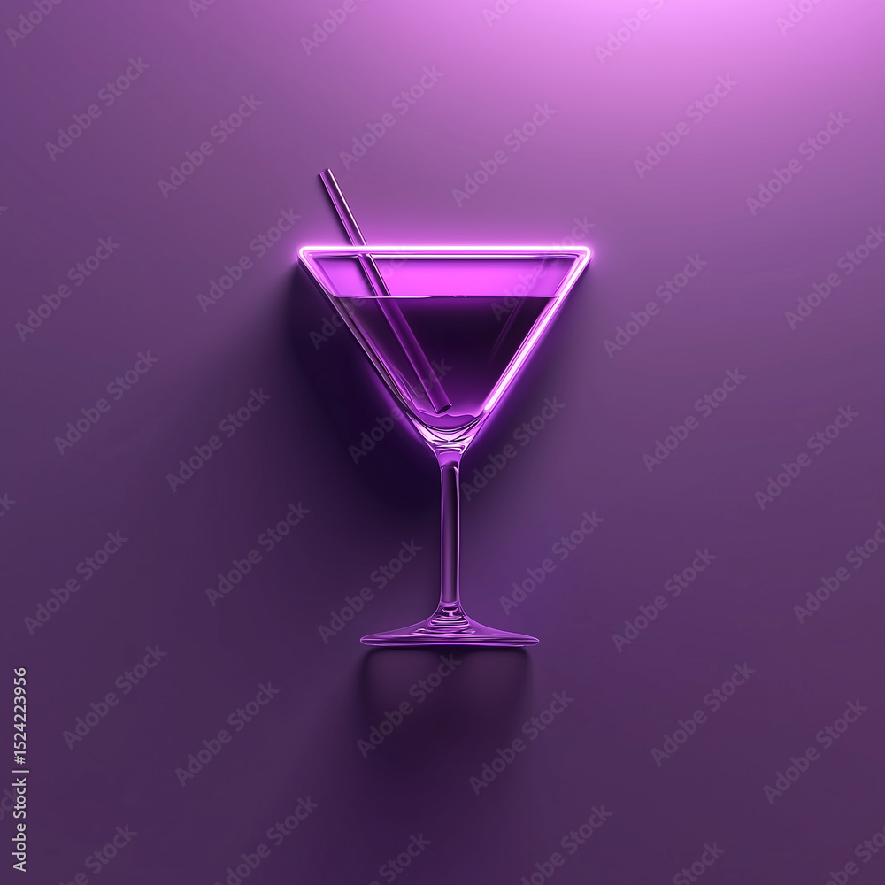 Top view of a dark violet neon light sign with a dark cocktail-shaped shadow on a plain, flat, violet minimalist empty surface. Copy space. Top view of a dark violet neon light sign with a dark cocktail-shaped shadow on a plain, flat, violet minimalist empty surface. Copy space.