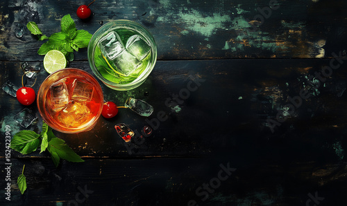 Two Alcoholic Cocktail Gin and Tonic, Negroni. On a black wooden background. Copy space for text. Banner.