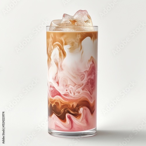 A tall, cylindrical glass filled with a beautifully layered, iced beverage. A pink layer of flavored syrup, a creamy white layer of milk, and a deep brown coffee. Marbled patterns. Condensation drops.