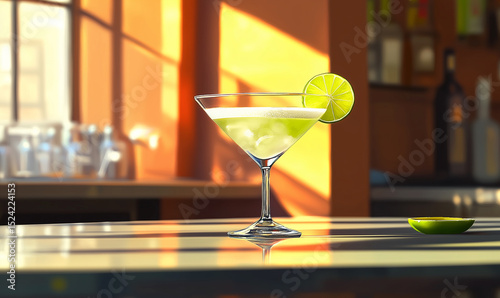 Gimlet cocktail on a well-lit bar table. Vivid colors.