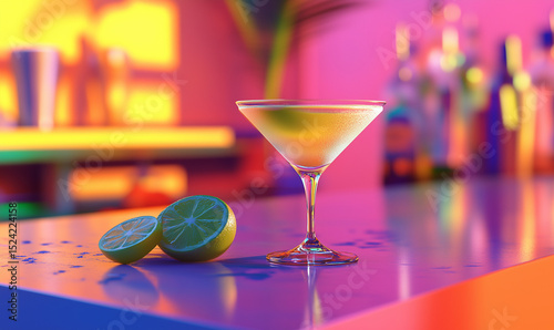 Gimlet cocktail on a well-lit bar table. Vivid colors.