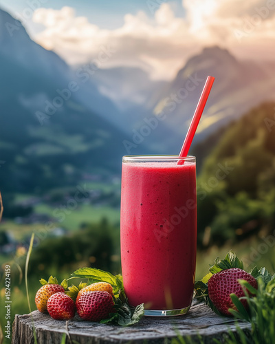 Red smoothie with straw, in the distance, in nature, in the engadine, during summer, morning light, detailed photo.